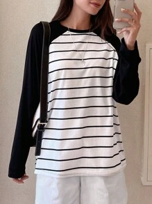 DAZY Striped Print Raglan Sleeve Tee,Fall Clothes Long Sleeve Top - Black and White - View 6