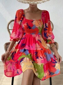 Breezaya Vestido con escote cuadrado, volantes en el bajo y estampado floral para vacaciones y playa, look para mujer - Multicolor - Ver 1