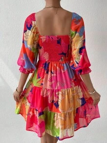 Breezaya Vestido con escote cuadrado, volantes en el bajo y estampado floral para vacaciones y playa, look para mujer - Multicolor - Ver 2