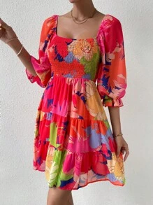Breezaya Vestido con escote cuadrado, volantes en el bajo y estampado floral para vacaciones y playa, look para mujer - Multicolor - Ver 4