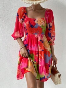 Breezaya Vestido con escote cuadrado, volantes en el bajo y estampado floral para vacaciones y playa, look para mujer - Multicolor - Ver 5