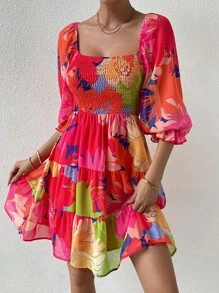 Breezaya Vestido con escote cuadrado, volantes en el bajo y estampado floral para vacaciones y playa, look para mujer - Multicolor - Ver 6