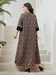 Al Najma Vestido modesto de manga larga con cuello de corbata y estampado floral para tallas grandes