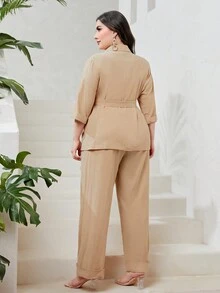 Mulvari Plus Lapel Neck Belted Blazer & Wide Leg Pants