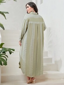 Mulvari Plus Striped Print Button Front Shirt Dress - Green - View 2