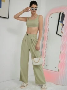 SHEIN Unity Bộ đồ hai mảnh nữ Nút Túi Dây kéo màu trơn Giải trí - Màu xanh Bạc hà - Xem 5