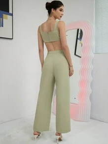 SHEIN Unity Bộ đồ hai mảnh nữ Nút Túi Dây kéo màu trơn Giải trí - Màu xanh Bạc hà - Xem 2