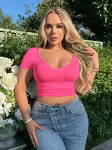 SHEIN SXY Chất rắn Áo phông Crop - Màu Hồng Tươi - Xem 1