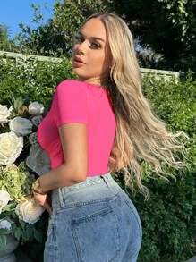 SHEIN SXY Chất rắn Áo phông Crop - Màu Hồng Tươi - Xem 2
