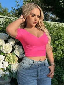 SHEIN SXY Chất rắn Áo phông Crop - Màu Hồng Tươi - Xem 3