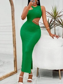 腰部鏤空不對稱領緊身連衣裙 - 綠色 - 查看 4