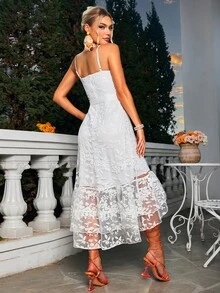 Glamaker Đầm Bất đối xứng Thắt lưng Thêu Viên lá sen Tương phản Mesh Cao thấp Hoa Thanh lịch - trắng - Xem 2