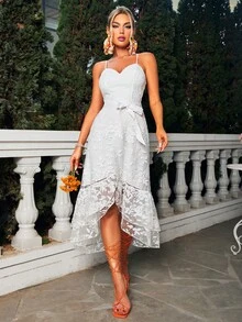 Glamaker Đầm Bất đối xứng Thắt lưng Thêu Viên lá sen Tương phản Mesh Cao thấp Hoa Thanh lịch - trắng - Xem 4