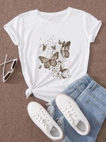 Flirla Plus Butterfly Print Tee - White - View 1