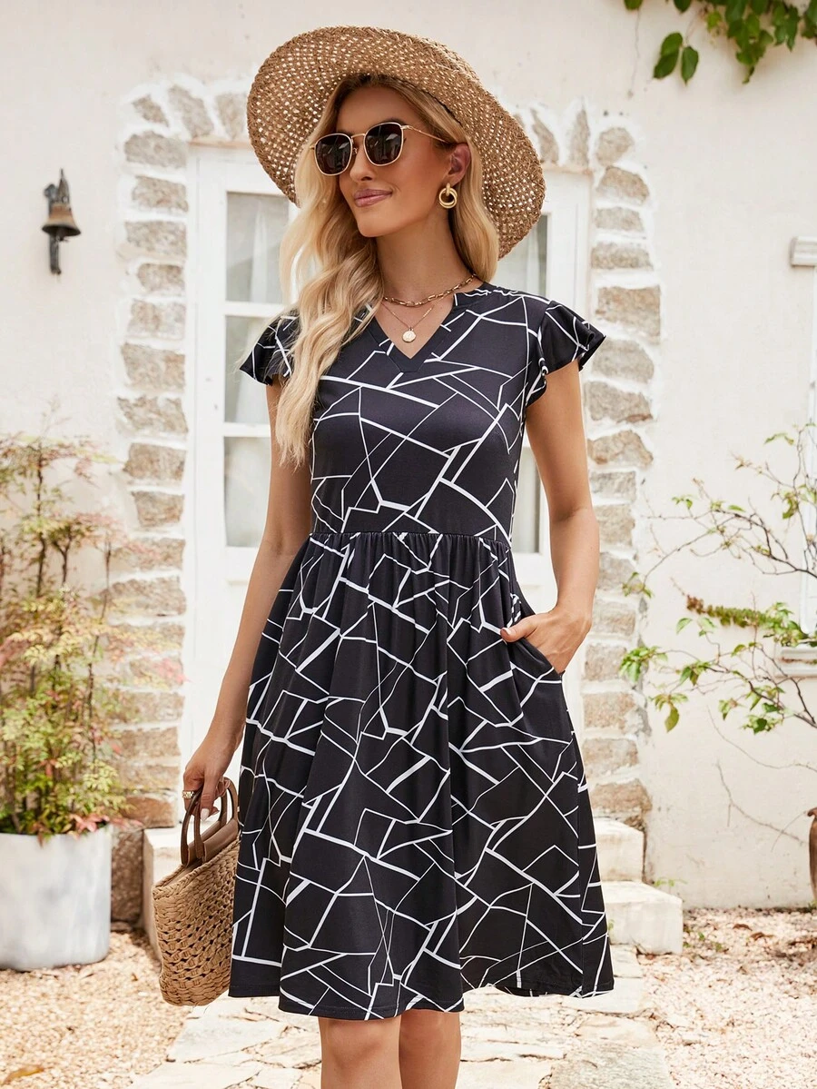 Geo Print Notched Neckline Butterfly Sleeve Dress - Black - View 1