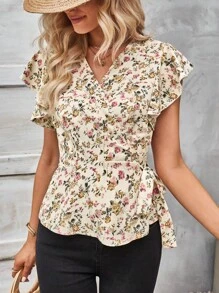 SHEIN Clasi 印花蝴蝶袖側打結圍裹女士襯衫 - 杏色 - 查看 7