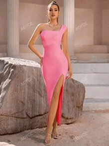 ADYCE One Shoulder Split Thigh Backless Cocktail Party Bodycon Bandage Dress
