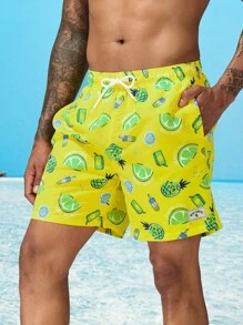 Surfspeed Men Fruit Print Drawstring Waist Swim Trunks - Yellow - View 1
