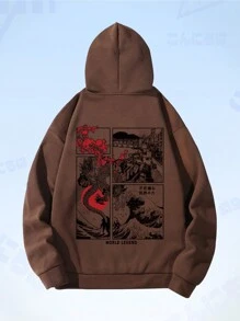 ROMWE MEN Anime Men Letter Graphic Kangaroo Pocket Drawstring Thermal Hoodie - Coffee Brown - View 1