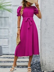 SHEIN VCAY Puff Sleeve Pleated Hem Belted Dress - Purple - View 5