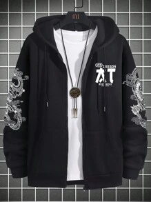 Manfinity LEGND Men 1pc Dragon & Letter Graphic Zip Up Drawstring Hoodie - Black - View 1