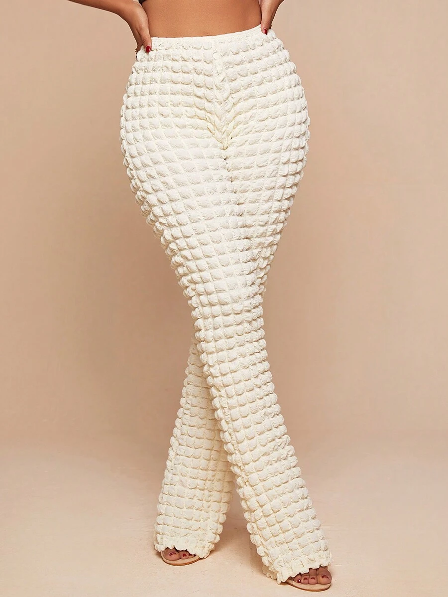 SHEIN SXY Solid Textured Flare Leg Pants - Beige - View 1