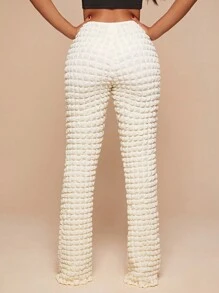 SHEIN SXY Solid Textured Flare Leg Pants - Beige - View 2