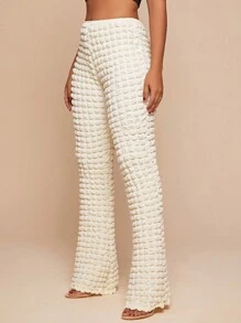 SHEIN SXY Solid Textured Flare Leg Pants - Beige - View 5
