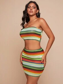 SHEIN SXY 條紋圖案抹胸上衣&包臀半身裙 - 彩色 - 查看 3