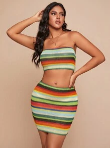 SHEIN SXY 條紋圖案抹胸上衣&包臀半身裙 - 彩色 - 查看 5