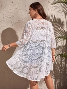 SHEIN Clasi Talla grande Kimono con encaje floral con parte delantera abierta sin top de tirantes - Blanco - Ver 2