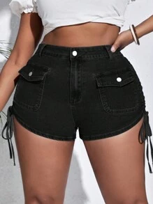 SHEIN SXY 大碼翻蓋口袋側抽繩牛仔短褲 - 黑色 - 查看 4