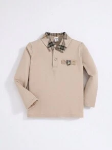 SHEIN Camisa polo casual xadrez com lapela larga para meninos, caimento solto e moderno, adequada para outono e inverno - Damasco - Ver 1