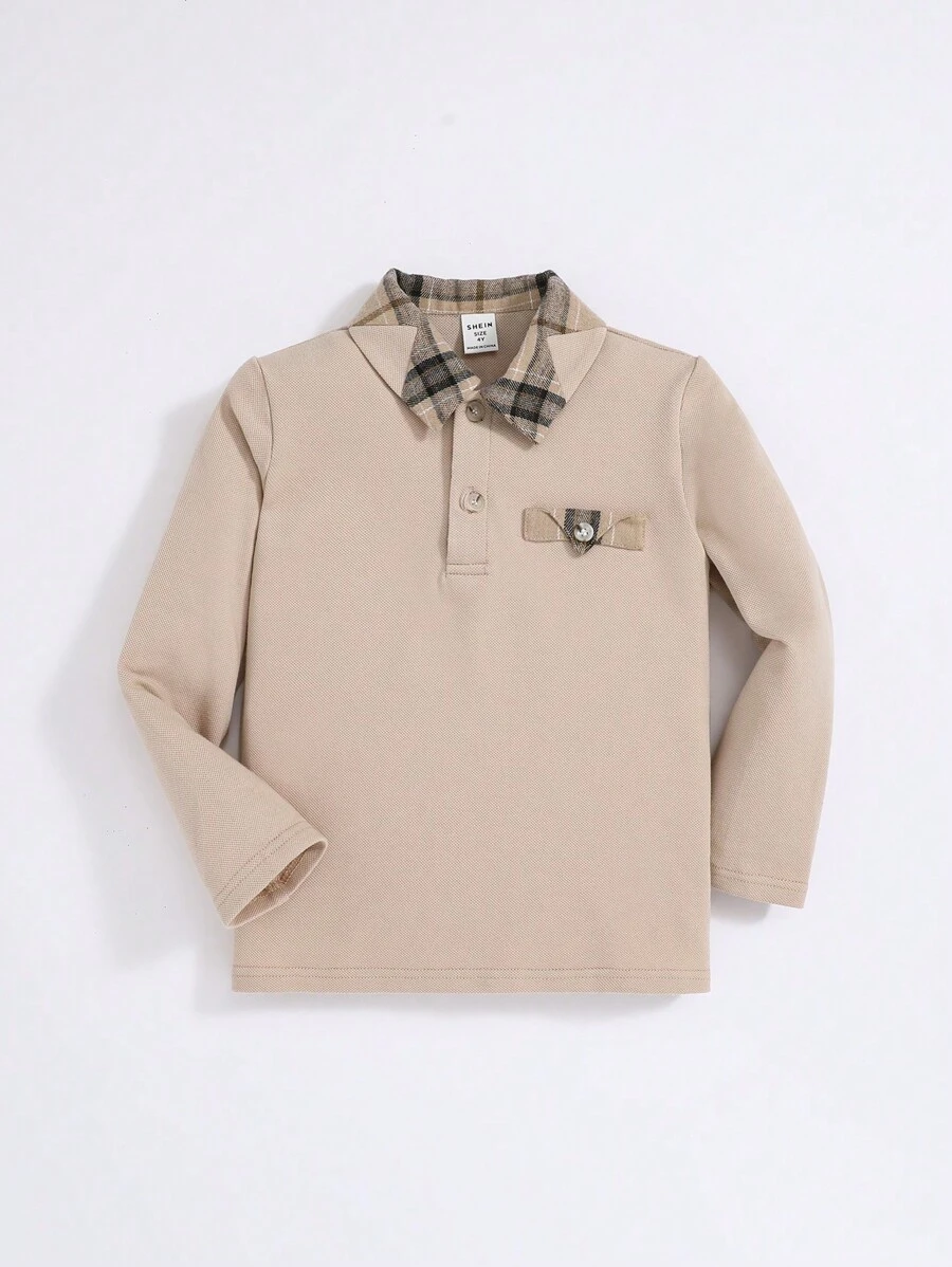 SHEIN Camisa polo casual xadrez com lapela larga para meninos, caimento solto e moderno, adequada para outono e inverno - Damasco - Ver 1