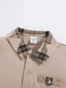 SHEIN Camisa polo casual xadrez com lapela larga para meninos, caimento solto e moderno, adequada para outono e inverno - Damasco - Ver 4