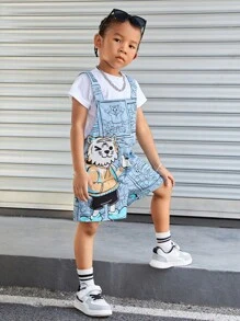 SHEIN 年輕休閒運動街頭風度假寬鬆百搭藍色卡通老虎圖案連身短褲不附帶T恤,夏天 - 彩色 - 查看 3