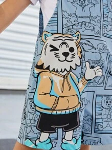 SHEIN 年輕休閒運動街頭風度假寬鬆百搭藍色卡通老虎圖案連身短褲不附帶T恤,夏天 - 彩色 - 查看 4