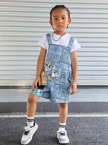 SHEIN 年輕休閒運動街頭風度假寬鬆百搭藍色卡通老虎圖案連身短褲不附帶T恤,夏天 - 彩色 - 查看 5