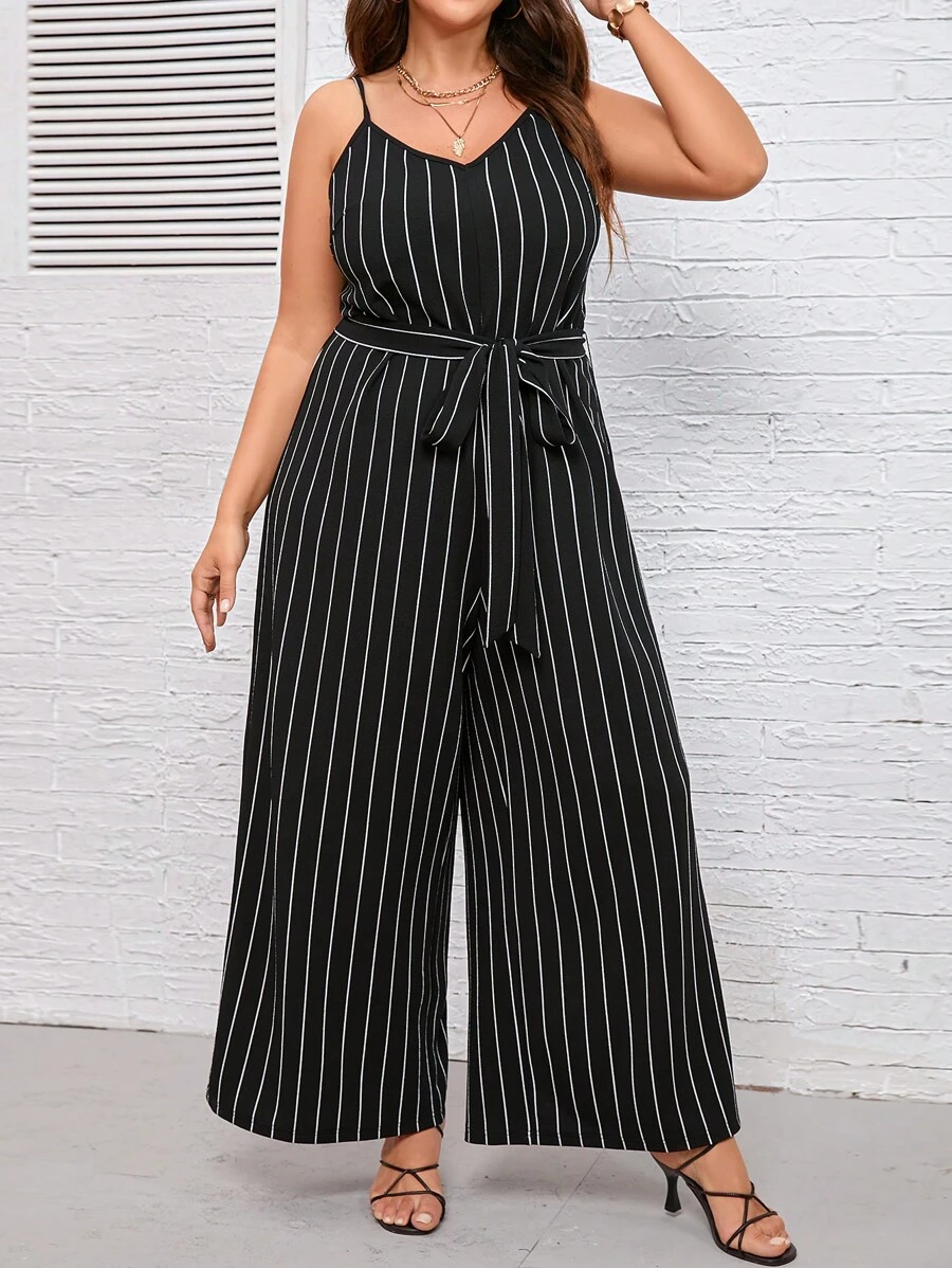 SHEIN Clasi Jumpsuits Plus Size Lộ Lưng Thắt lưng Sọc Giải trí - màu đen - Xem 1