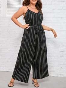SHEIN Clasi Jumpsuits Plus Size Lộ Lưng Thắt lưng Sọc Giải trí - màu đen - Xem 4