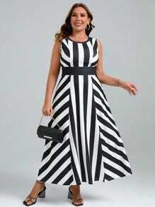 SHEIN Clasi Đầm Plus Size Sọc Giải trí - Đen và trắng - Xem 5