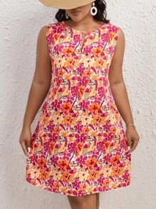 SHEIN VCAY Plus Size Boho Floral Print Keyhole Neckline Dress, For Summer,Beach Dress Sundress,Holiday Outfits - Multicolor - View 1