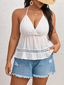 SHEIN VCAY Plus Guipure Lace Insert Backless Halter Top - White - View 3