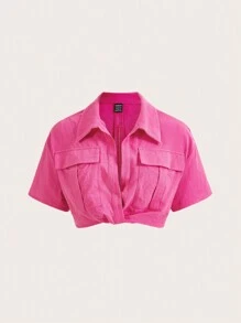 SHEIN EZwear 翻蓋口袋落肩袖短款襯衫 - 玫紅色 - 查看 1