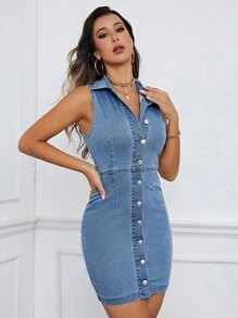 SHEIN Privé 前紐扣緊身牛仔洋裝 - 中等水洗藍 - 查看 5