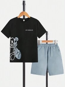 SHEIN Boys Bear & Letter Graphic Tee & Shorts - Multicolor - View 1