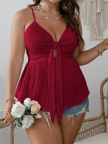 SHEIN VCAY 正面加结荷叶边吊带夏季上衣 - 酒紅色 - 查看 1