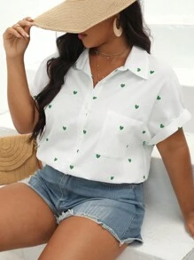 SHEIN VCAY 大碼愛心圖案蝙蝠袖襯衫 - 白色 - 查看 1