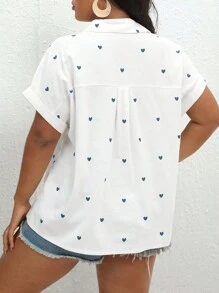 SHEIN VCAY Hơn In Trái tim tay cánh Mùa hè Áo sơ mi - Màu xanh bụi bặm - Xem 2