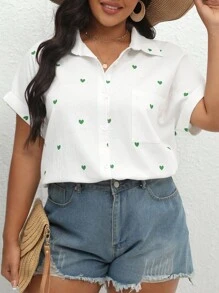 SHEIN VCAY 大碼愛心圖案蝙蝠袖襯衫 - 白色 - 查看 4